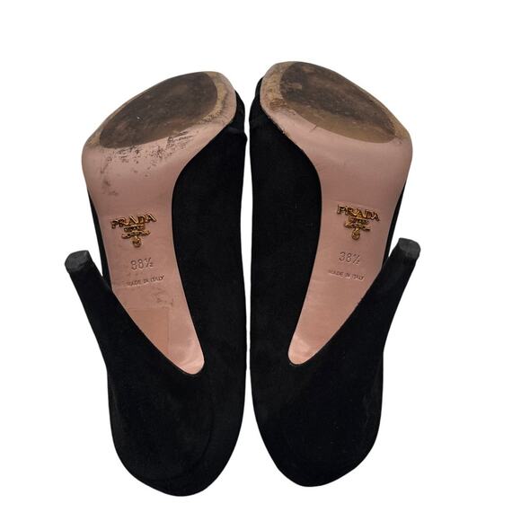 Prada Rosette Peep Toe Black Suede High Heel Pumps Size 38.5 - Picture 6 of 9
